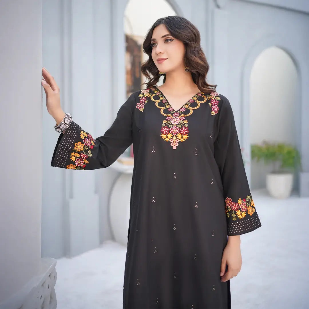 Wool 3-piece Embroidered Gala Handmade with Printed Dupatta