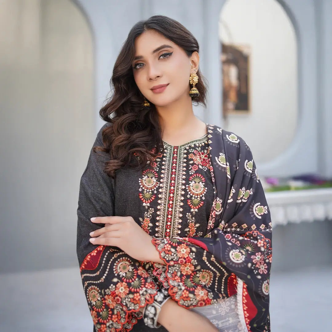 Wool 3-piece Embroidered Gala Handmade with Printed Dupatta