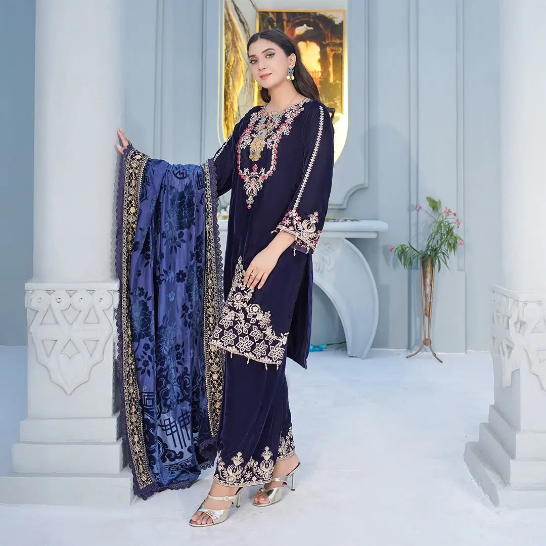 Women’s Velvet 3-Piece Suit | Handmade Embroidery | Coordinated Shawl | Premium Micro Fabric